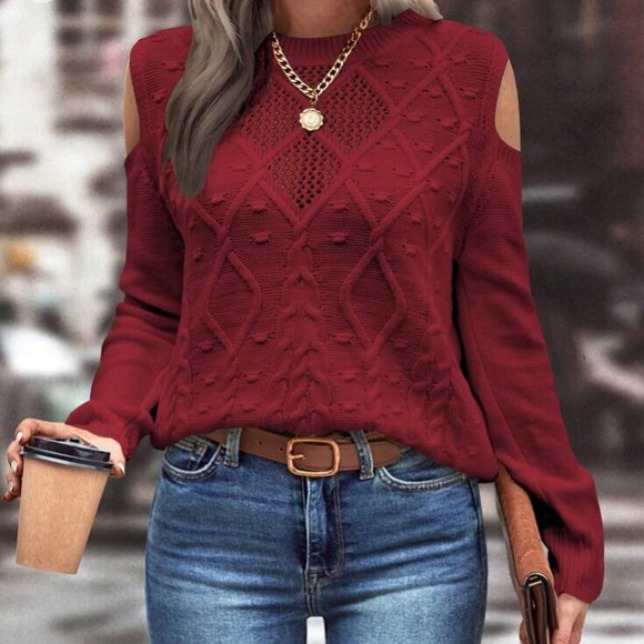 Cozy cold shoulder cable knit sweater top - Picture 8 of 15